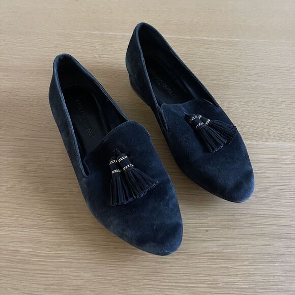 Women's Karl Lagerfeld Size 7.5 Black Suede Tassel Loafer Shoes Flats - Picture 1 of 7